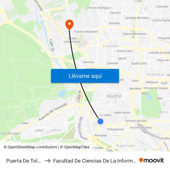 Puerta De Toledo to Facultad De Ciencias De La Información map