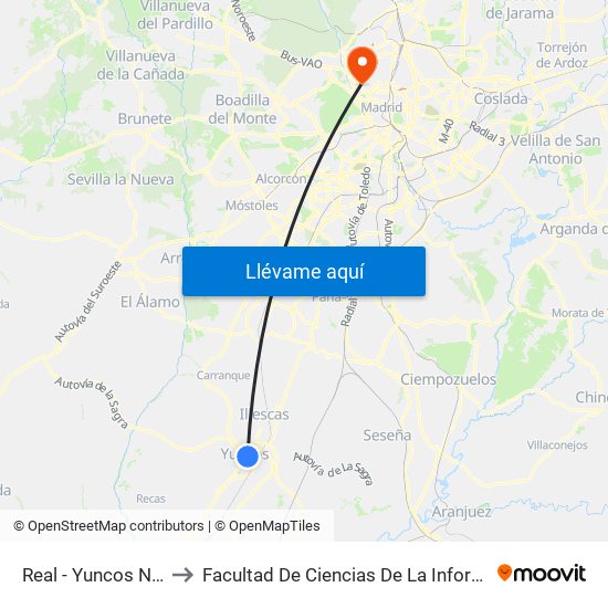 Real - Yuncos Norte to Facultad De Ciencias De La Información map