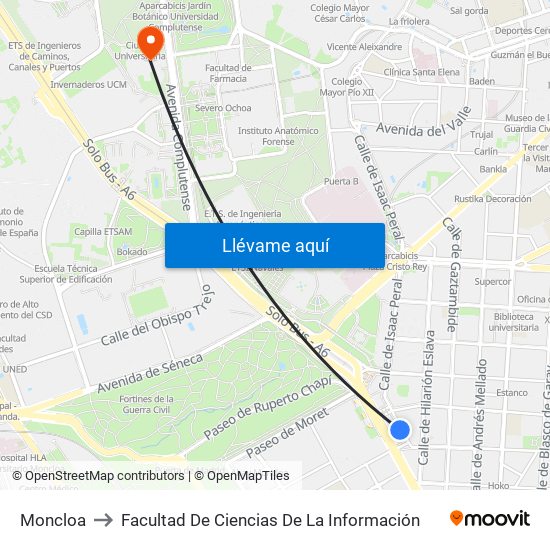 Moncloa to Facultad De Ciencias De La Información map
