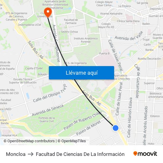 Moncloa to Facultad De Ciencias De La Información map