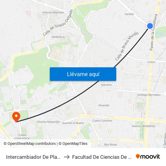 Intercambiador De Plaza De Castilla to Facultad De Ciencias De La Información map