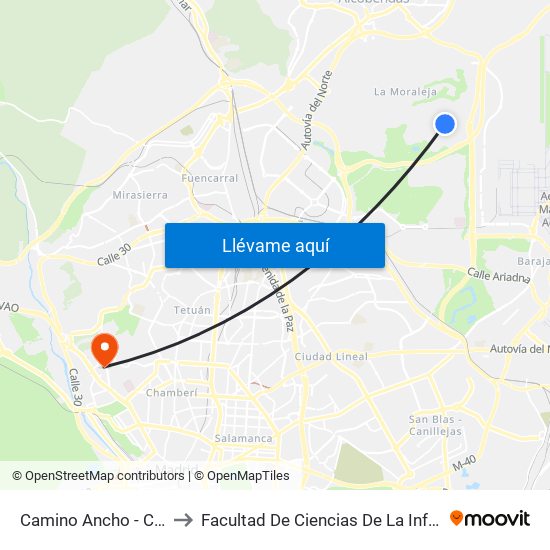 Camino Ancho - Colegio to Facultad De Ciencias De La Información map