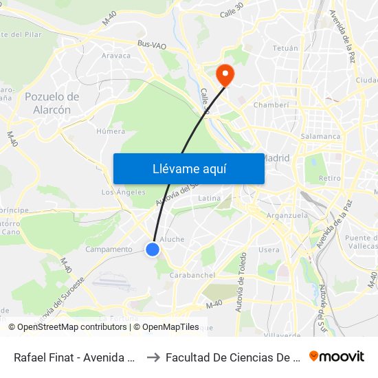 Rafael Finat - Avenida De Las Águilas to Facultad De Ciencias De La Información map