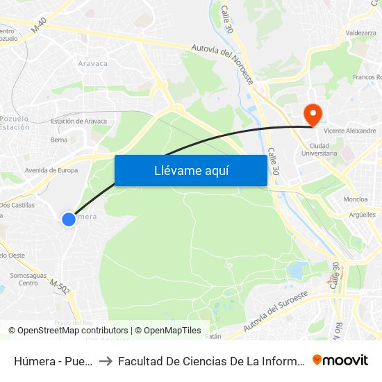 Húmera - Pueblo to Facultad De Ciencias De La Información map