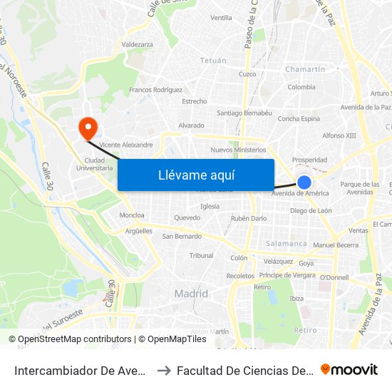 Intercambiador De Avenida De América to Facultad De Ciencias De La Información map