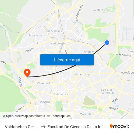 Valdebebas Cercanías to Facultad De Ciencias De La Información map