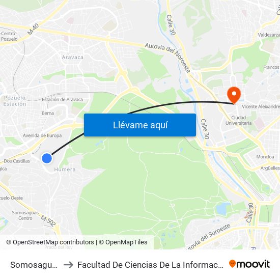Somosaguas to Facultad De Ciencias De La Información map