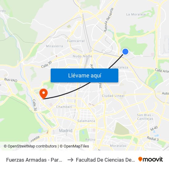 Fuerzas Armadas - Parque Valdebebas to Facultad De Ciencias De La Información map