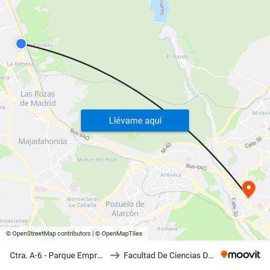 Ctra. A-6 - Parque Empresarial Las Rozas to Facultad De Ciencias De La Información map