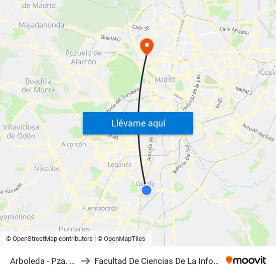 Arboleda - Pza. Beso to Facultad De Ciencias De La Información map