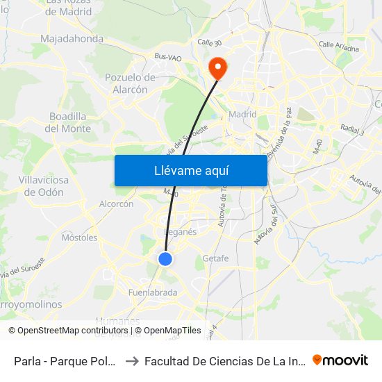 Parla - Parque Polvoranca to Facultad De Ciencias De La Información map