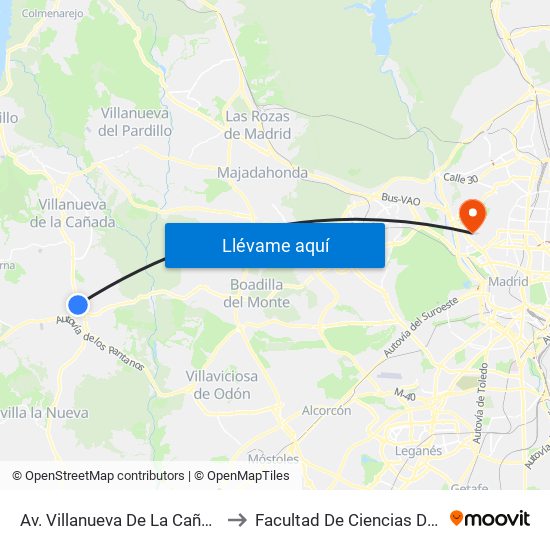 Av. Villanueva De La Cañada - Centro Salud to Facultad De Ciencias De La Información map