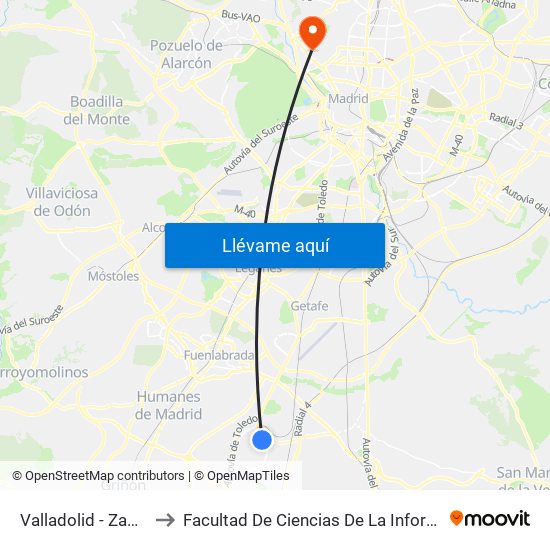 Valladolid - Zamora to Facultad De Ciencias De La Información map