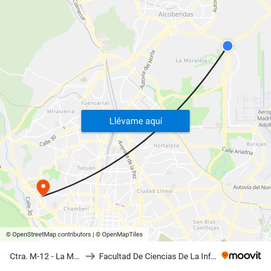 Ctra. M-12 - La Moraleja to Facultad De Ciencias De La Información map