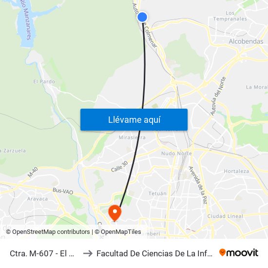 Ctra. M-607 - El Goloso to Facultad De Ciencias De La Información map