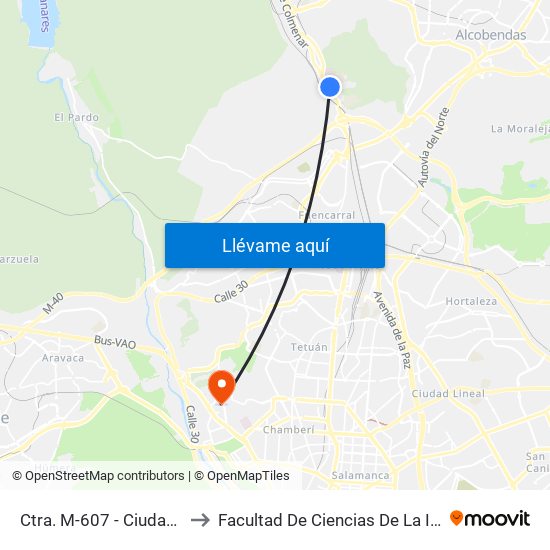 Ctra. M-607 - Ciudad Escolar to Facultad De Ciencias De La Información map