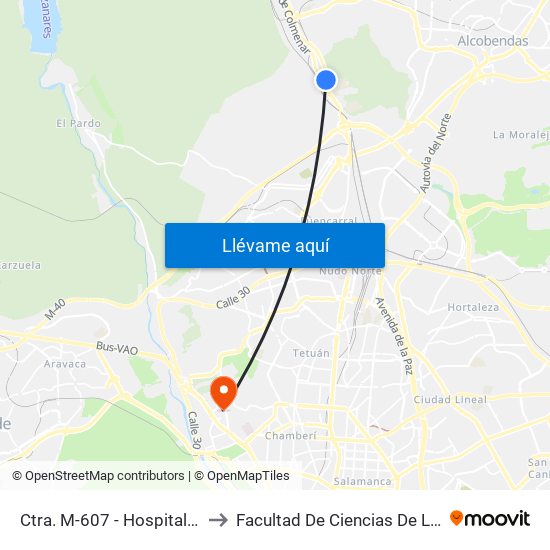 Ctra. M-607 - Hospital Psiquiátrico to Facultad De Ciencias De La Información map