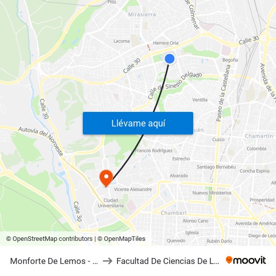 Monforte De Lemos - La Vaguada to Facultad De Ciencias De La Información map