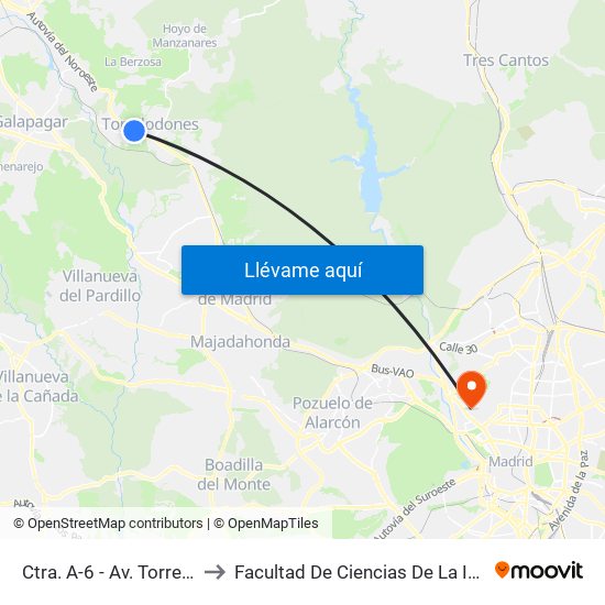 Ctra. A-6 - Av. Torrelodones to Facultad De Ciencias De La Información map