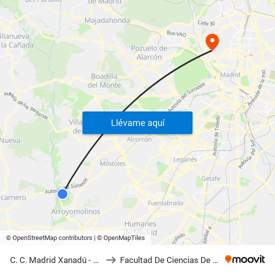 C. C. Madrid Xanadú - Aparcamiento to Facultad De Ciencias De La Información map