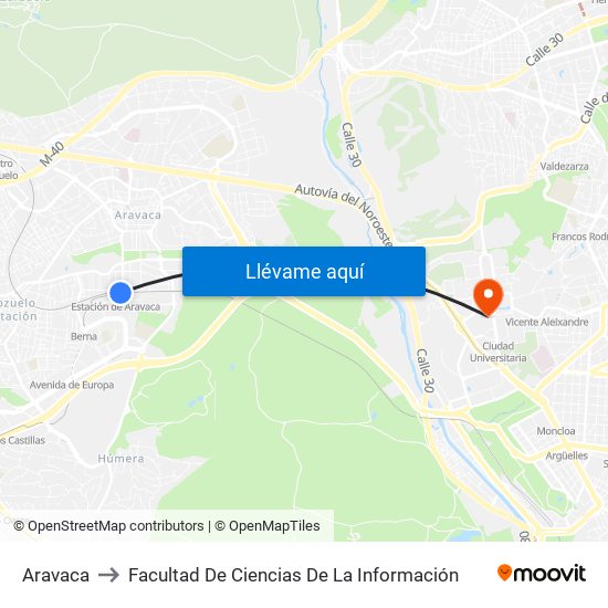 Aravaca to Facultad De Ciencias De La Información map