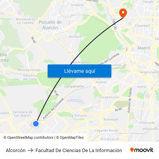 Alcorcón to Facultad De Ciencias De La Información map