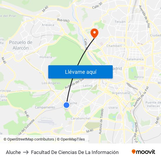 Aluche to Facultad De Ciencias De La Información map