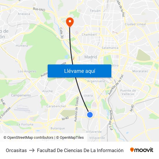 Orcasitas to Facultad De Ciencias De La Información map