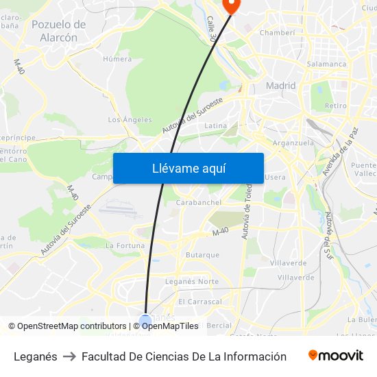 Leganés to Facultad De Ciencias De La Información map