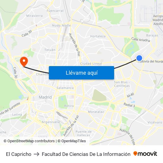 El Capricho to Facultad De Ciencias De La Información map