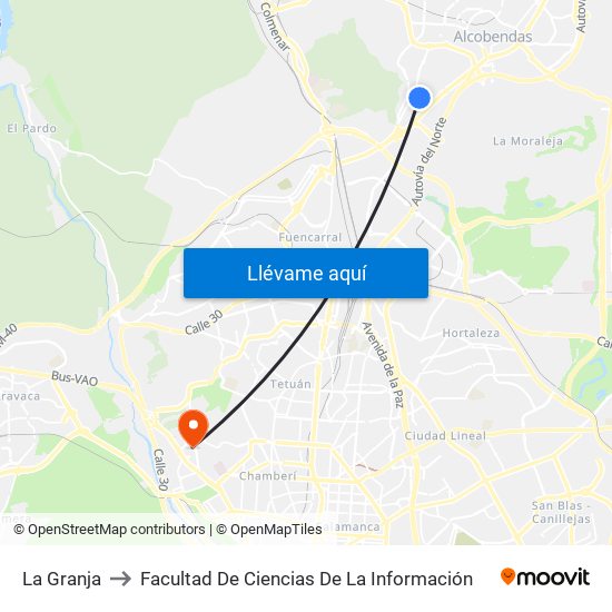 La Granja to Facultad De Ciencias De La Información map