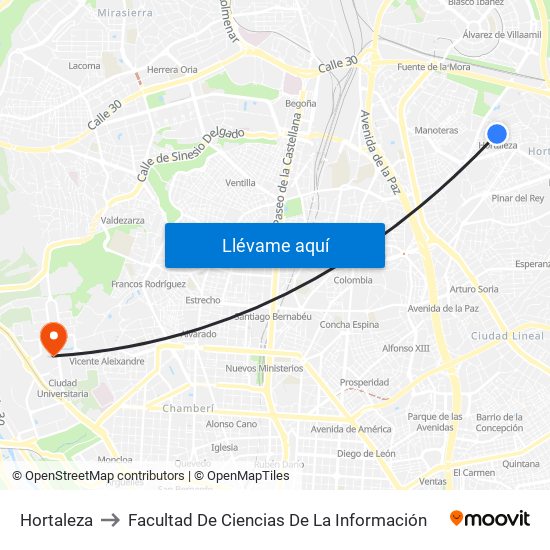Hortaleza to Facultad De Ciencias De La Información map