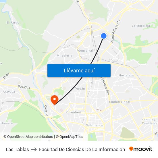 Las Tablas to Facultad De Ciencias De La Información map