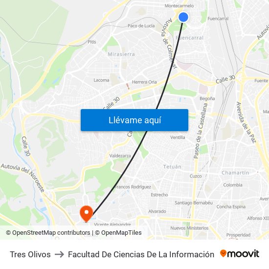 Tres Olivos to Facultad De Ciencias De La Información map