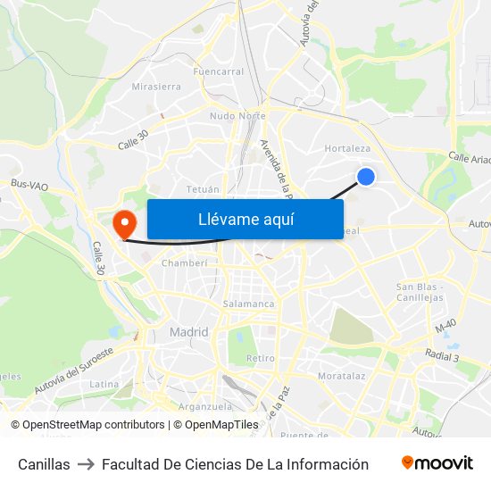 Canillas to Facultad De Ciencias De La Información map