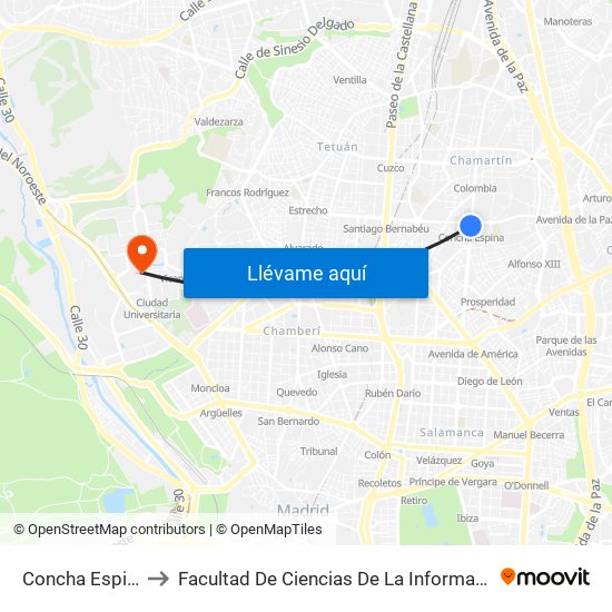 Concha Espina to Facultad De Ciencias De La Información map