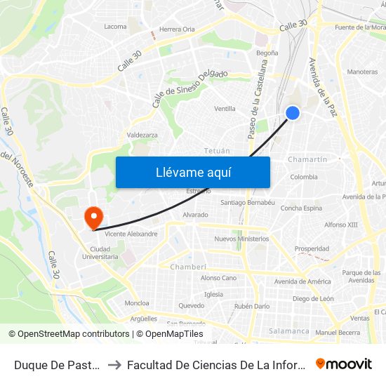 Duque De Pastrana to Facultad De Ciencias De La Información map