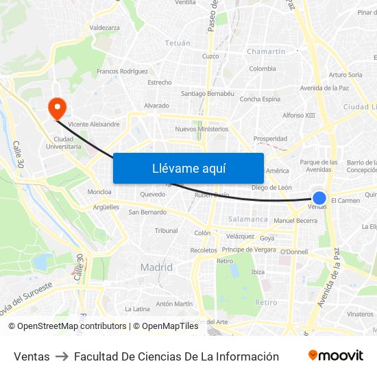 Ventas to Facultad De Ciencias De La Información map