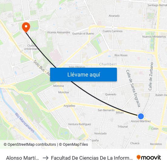 Alonso Martínez to Facultad De Ciencias De La Información map