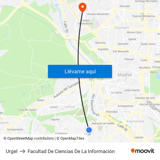 Urgel to Facultad De Ciencias De La Información map
