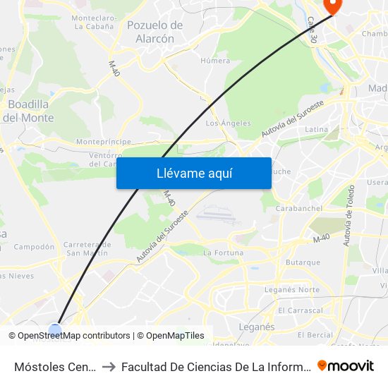 Móstoles Central to Facultad De Ciencias De La Información map