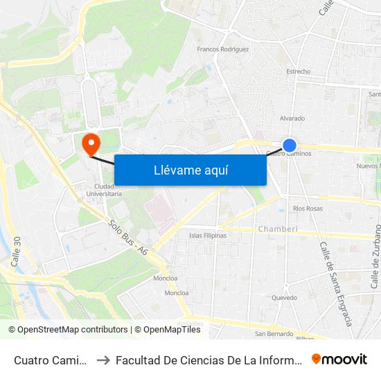 Cuatro Caminos to Facultad De Ciencias De La Información map