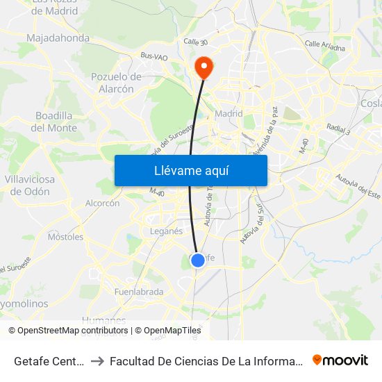Getafe Central to Facultad De Ciencias De La Información map