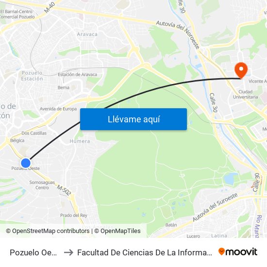 Pozuelo Oeste to Facultad De Ciencias De La Información map