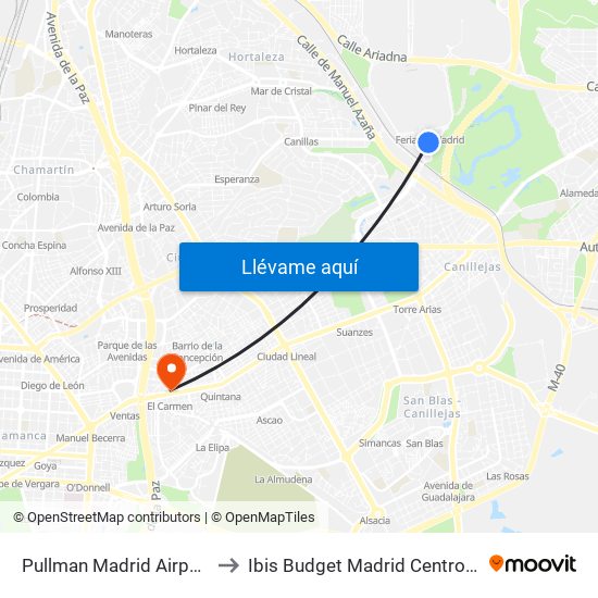 Pullman Madrid Airport & Feria to Ibis Budget Madrid Centro Las Ventas map