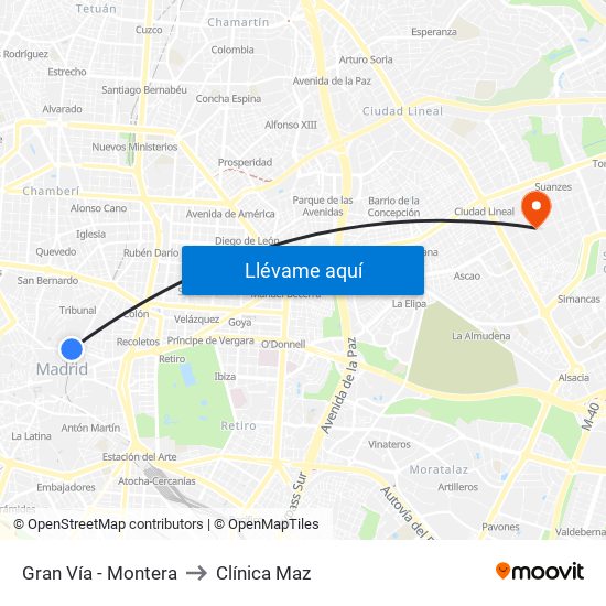 Gran Vía - Montera to Clínica Maz map