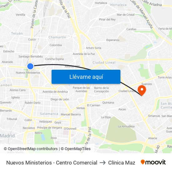 Nuevos Ministerios - Centro Comercial to Clínica Maz map