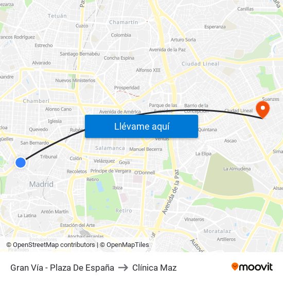 Gran Vía - Plaza De España to Clínica Maz map