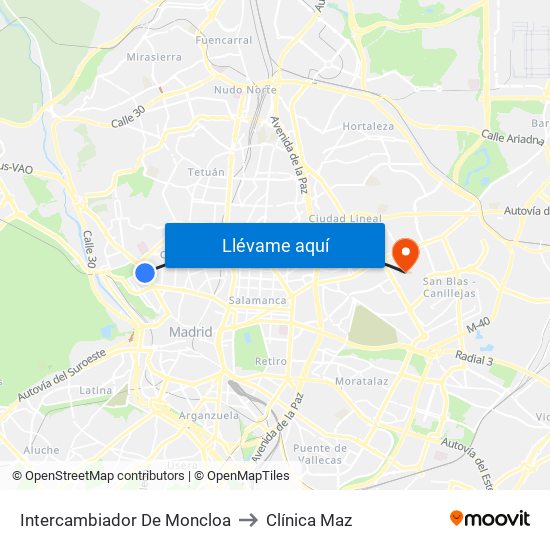 Intercambiador De Moncloa to Clínica Maz map