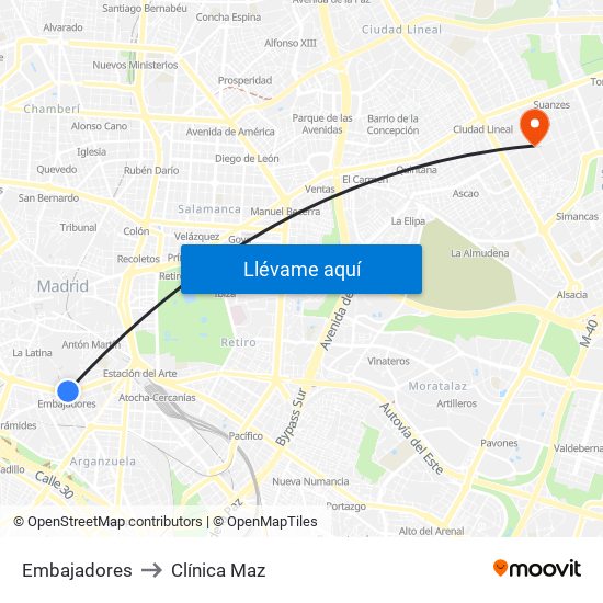 Embajadores to Clínica Maz map
